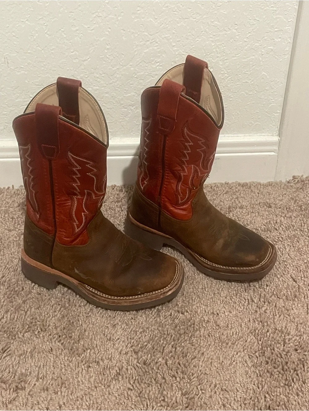 Kids Western Pull-On Boots in Brown and Red - Stitched Shaft